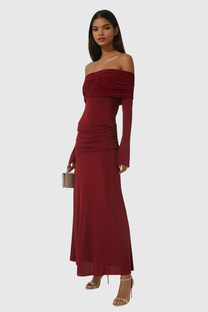 Anneke Off Shoulder Ruch Maxi Dress in Red