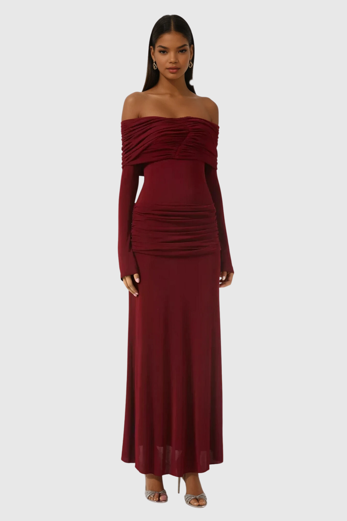 Anneke Off Shoulder Ruch Maxi Dress in Red