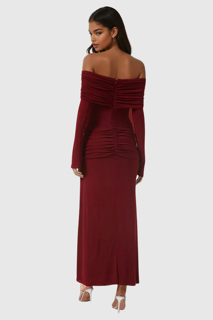 Anneke Off Shoulder Ruch Maxi Dress in Red