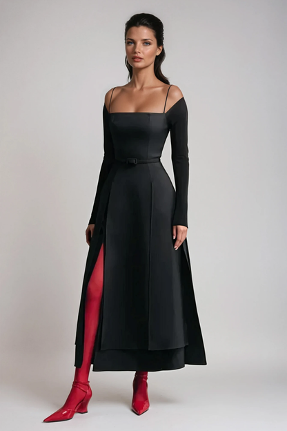 Annelien Lace Up Split Maxi Dress in Black