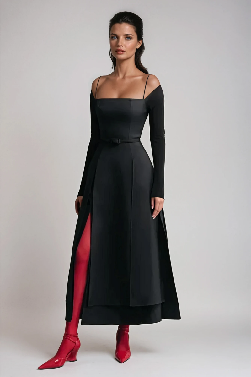 Annelien Lace Up Split Maxi Dress in Black