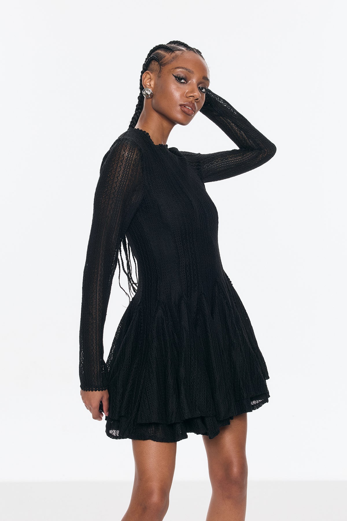 Annelise Long Sleeve Cutout Ruffle Mini Dress in Black