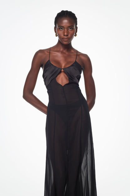 Annisa Mesh Cutout Lace Up Maxi Dress in Black