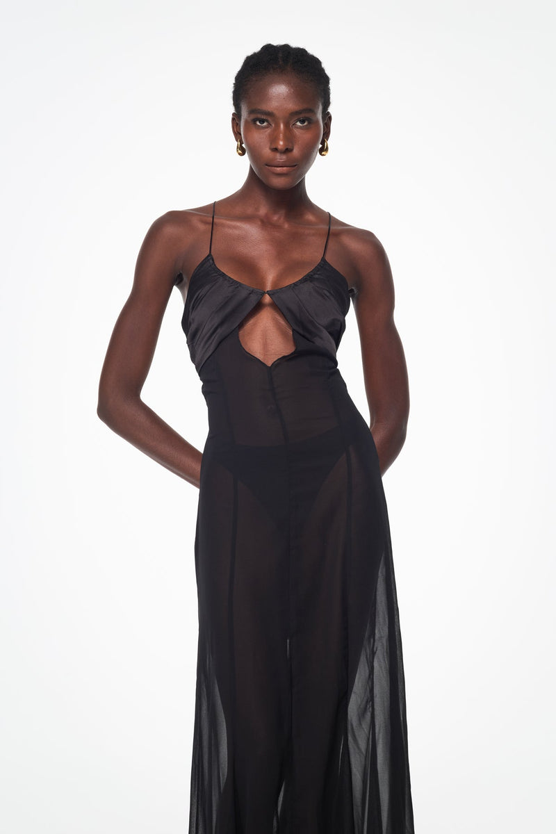 Annisa Mesh Cutout Lace Up Maxi Dress in Black