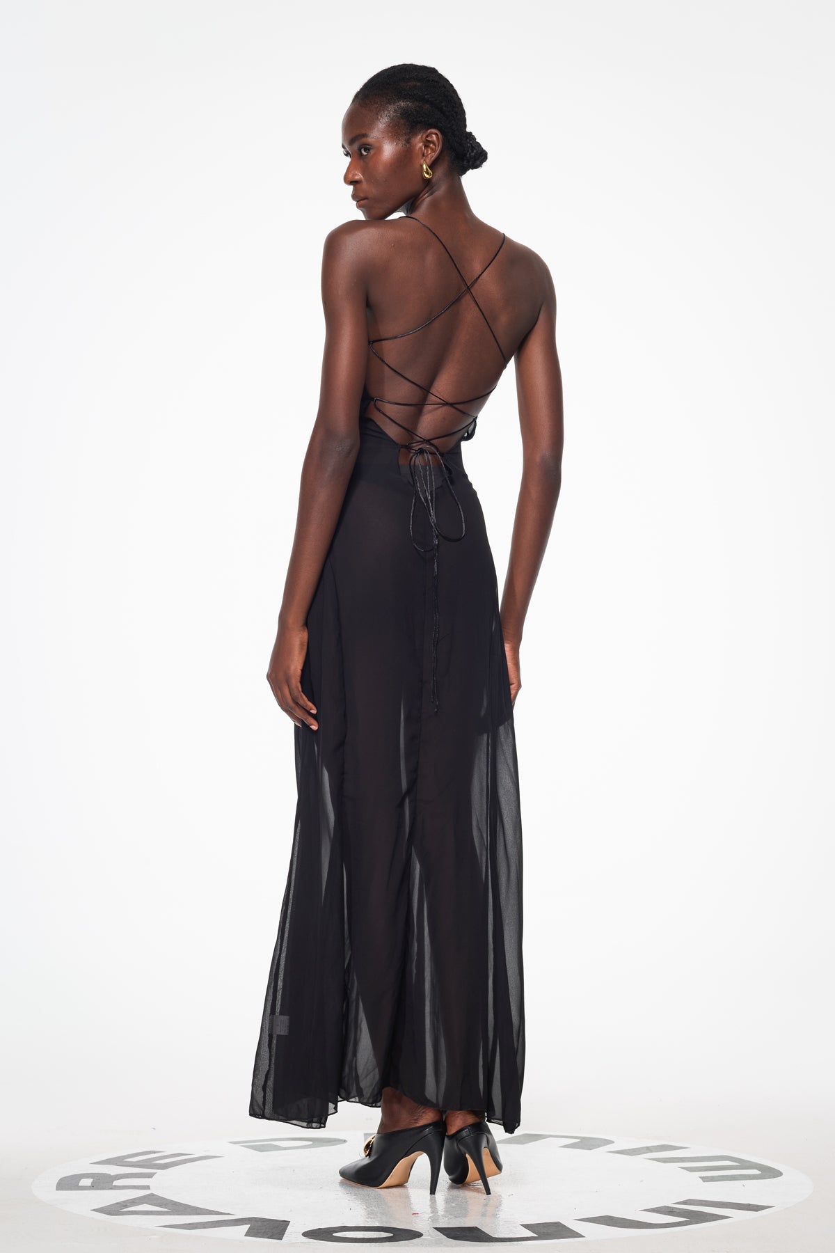 Annisa Mesh Cutout Lace Up Maxi Dress in Black