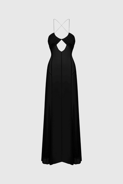 Annisa Mesh Cutout Lace Up Maxi Dress in Black