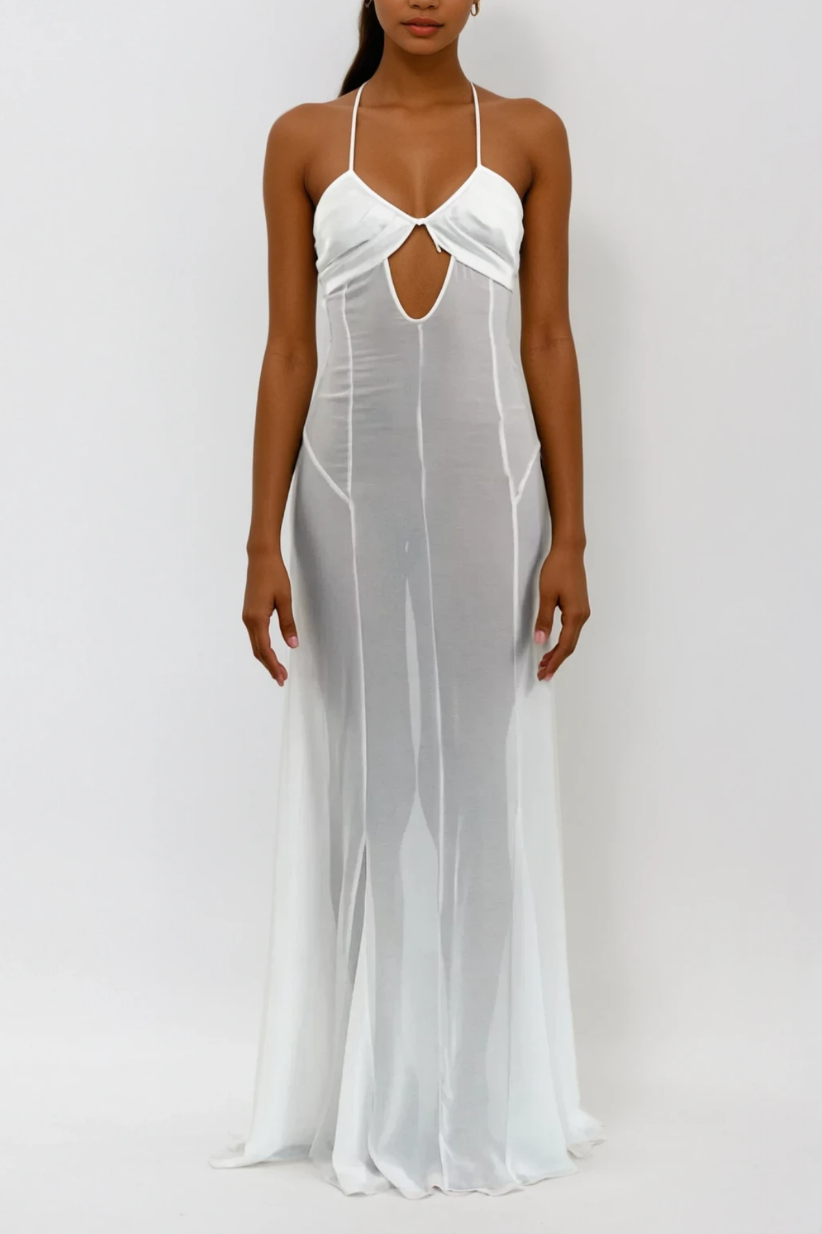 Annisa Mesh Cutout Lace Up Maxi Dress in White