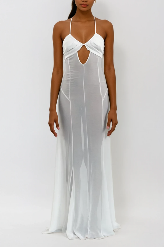 Annisa Mesh Cutout Lace Up Maxi Dress in White