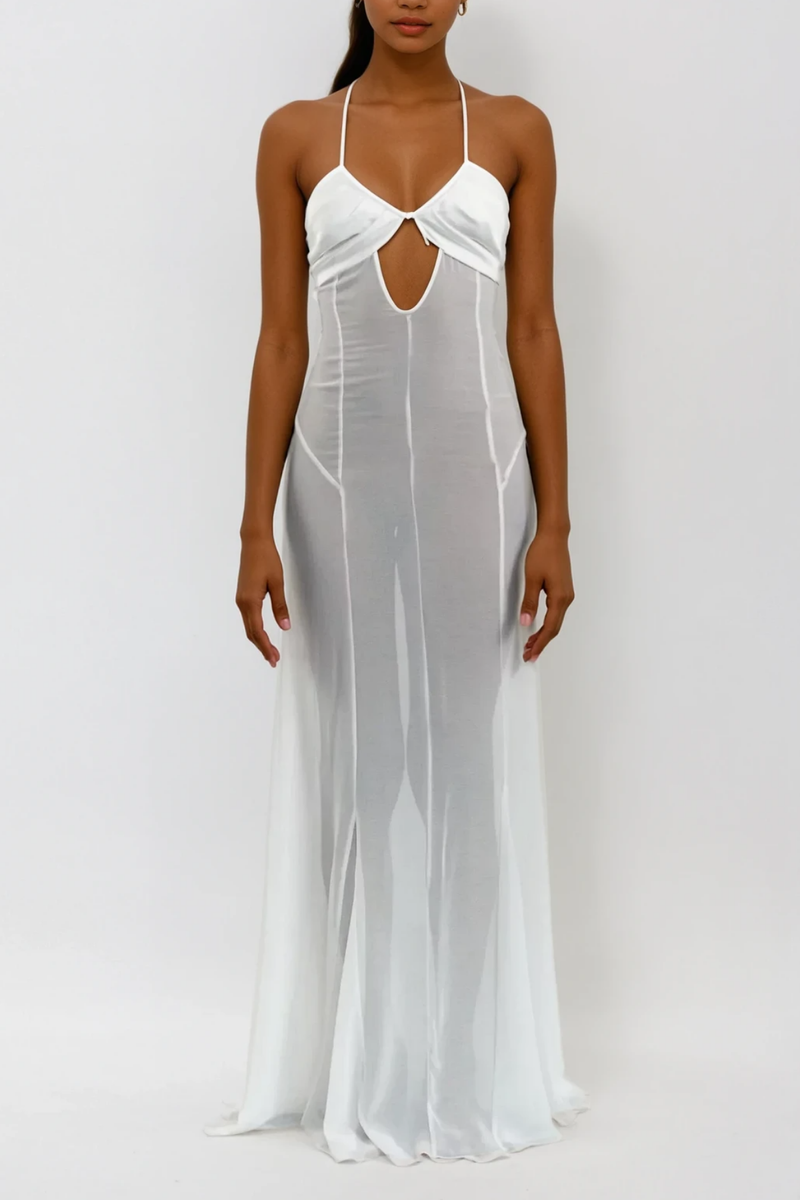 Annisa Mesh Cutout Lace Up Maxi Dress in White