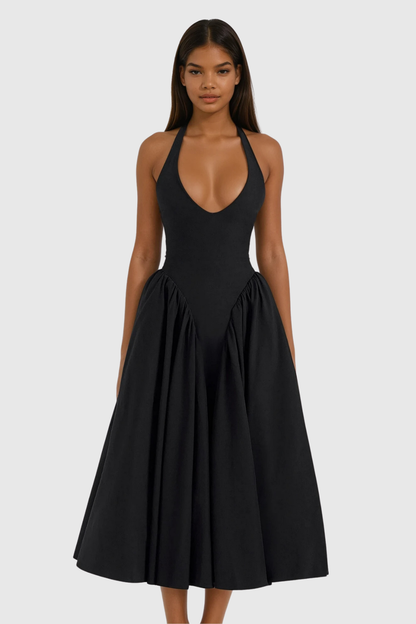 Annlea Halter Neck Bodycon Ruffle Maxi Dress in Black