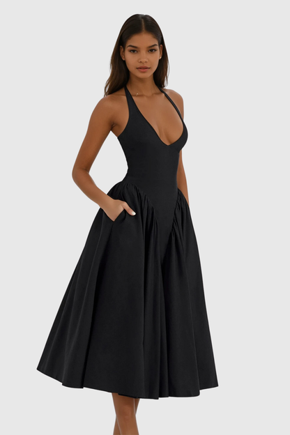 Annlea Halter Neck Bodycon Ruffle Maxi Dress in Black