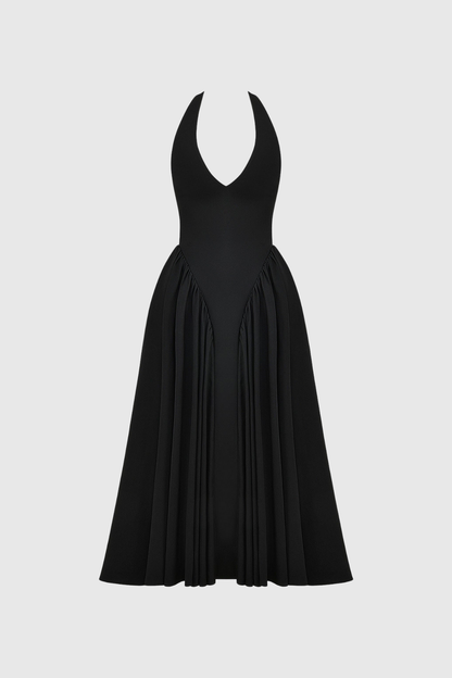 Annlea Halter Neck Bodycon Ruffle Maxi Dress in Black