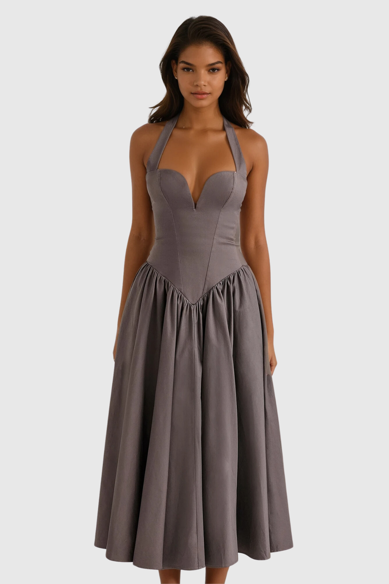 Annlea Halter Neck Bodycon Ruffle Maxi Dress in Grey