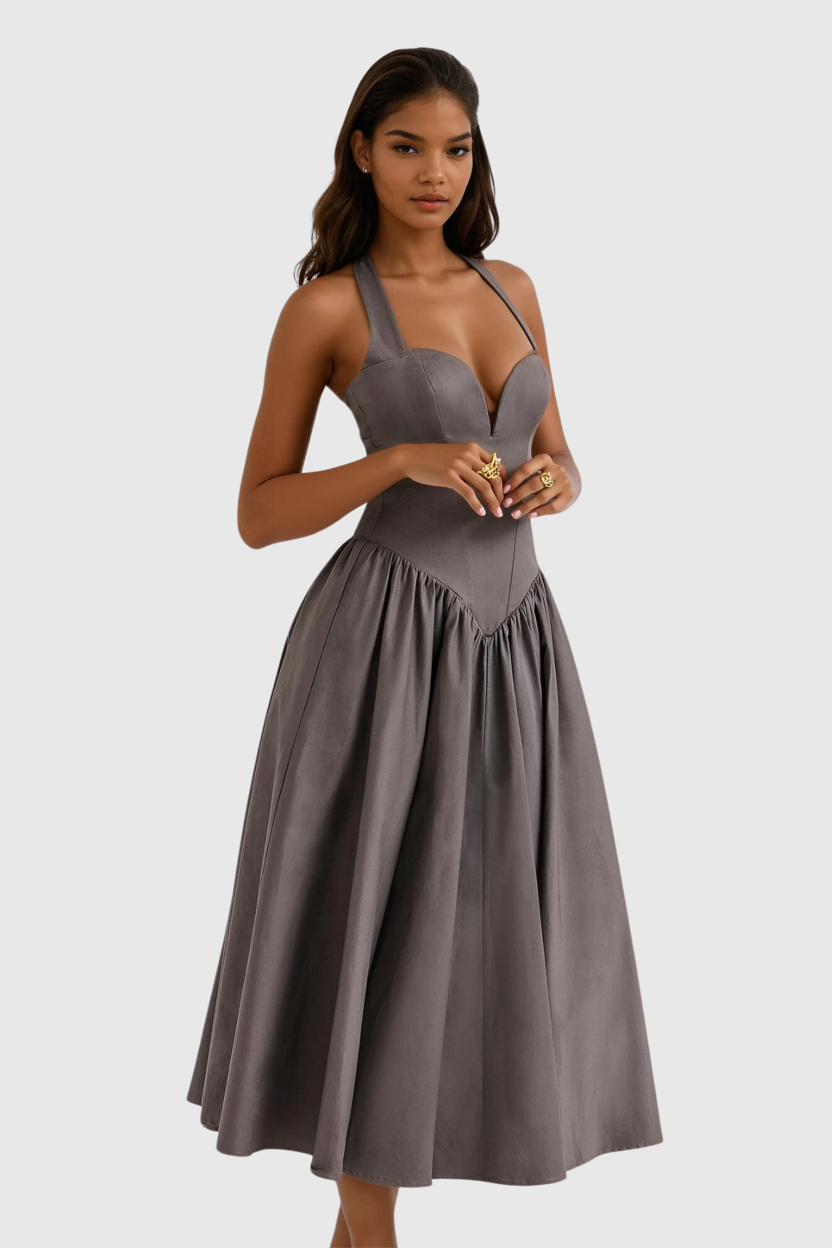 Annlea Halter Neck Bodycon Ruffle Maxi Dress in Grey