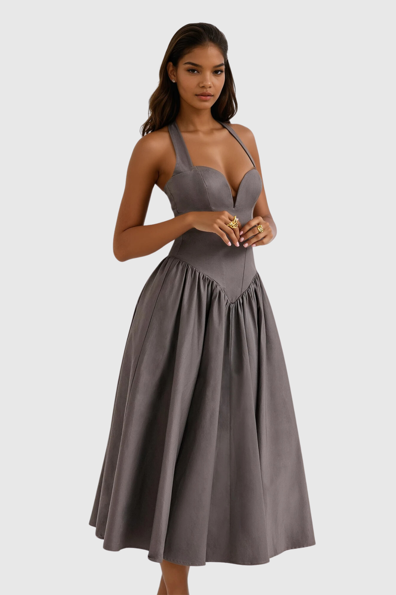 Annlea Halter Neck Bodycon Ruffle Maxi Dress in Grey