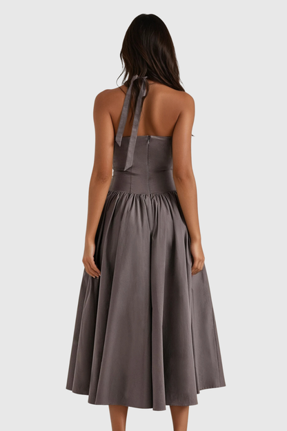 Annlea Halter Neck Bodycon Ruffle Maxi Dress in Grey