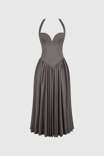Annlea Halter Neck Bodycon Ruffle Maxi Dress in Grey