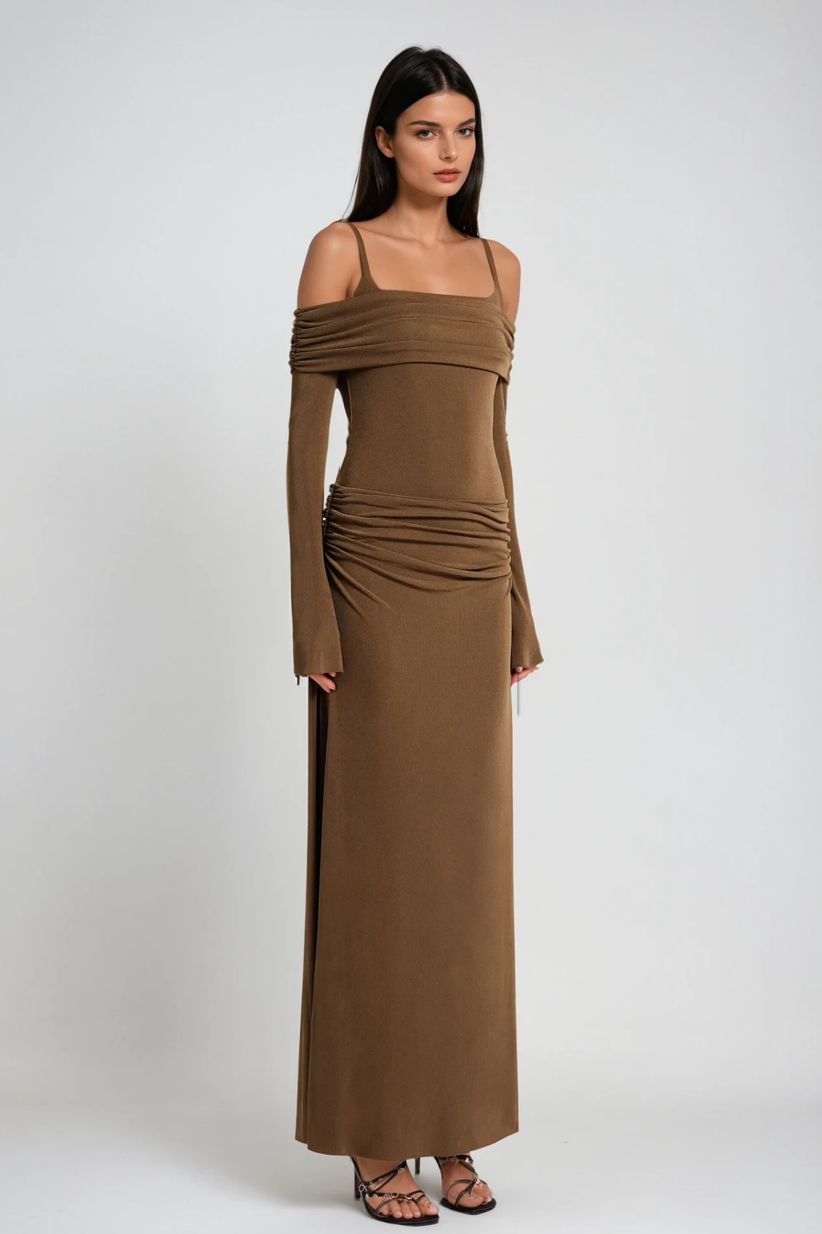 Annmarie Off Shoulder Ruch Maxi Dress in Brown