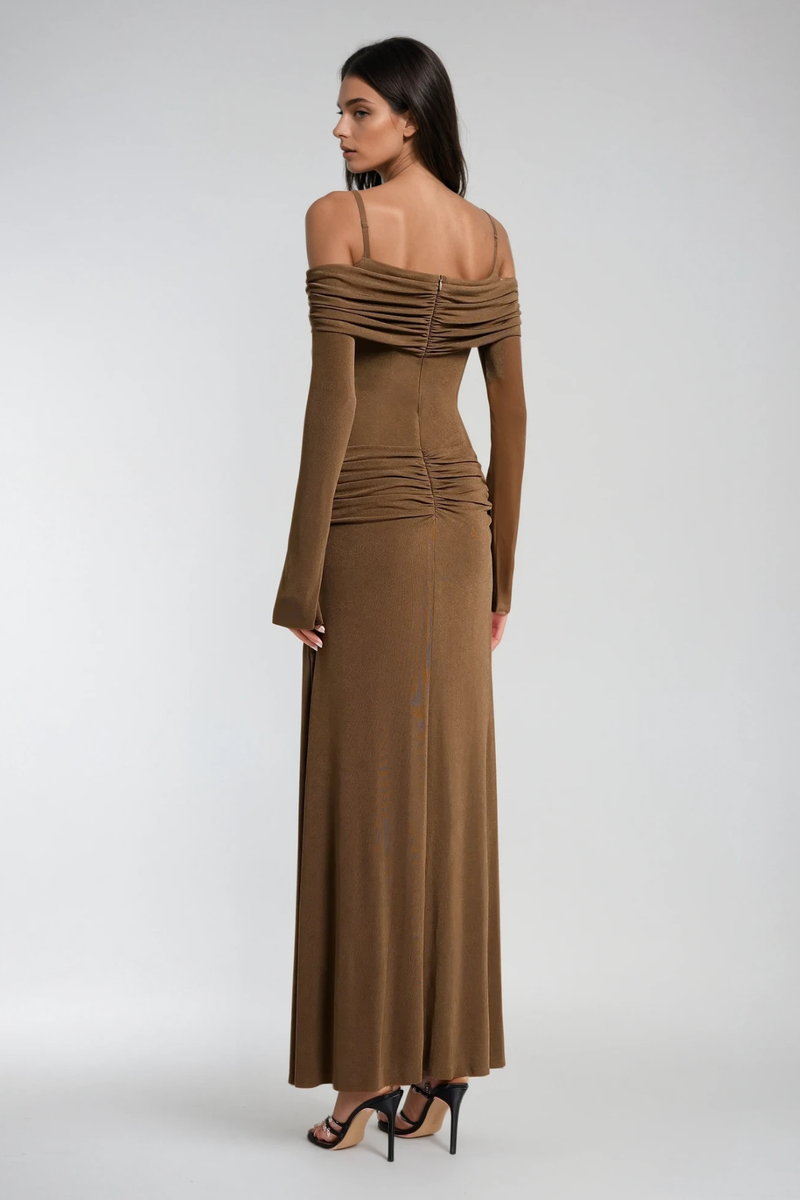 Annmarie Off Shoulder Ruch Maxi Dress in Brown