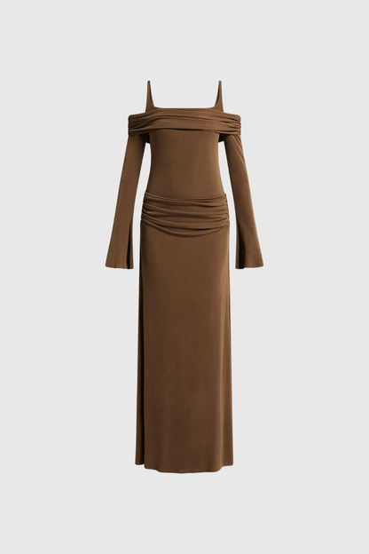 Annmarie Off Shoulder Ruch Maxi Dress in Brown
