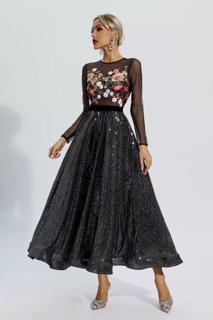 Antonella Black Embroidery Maxi Dress