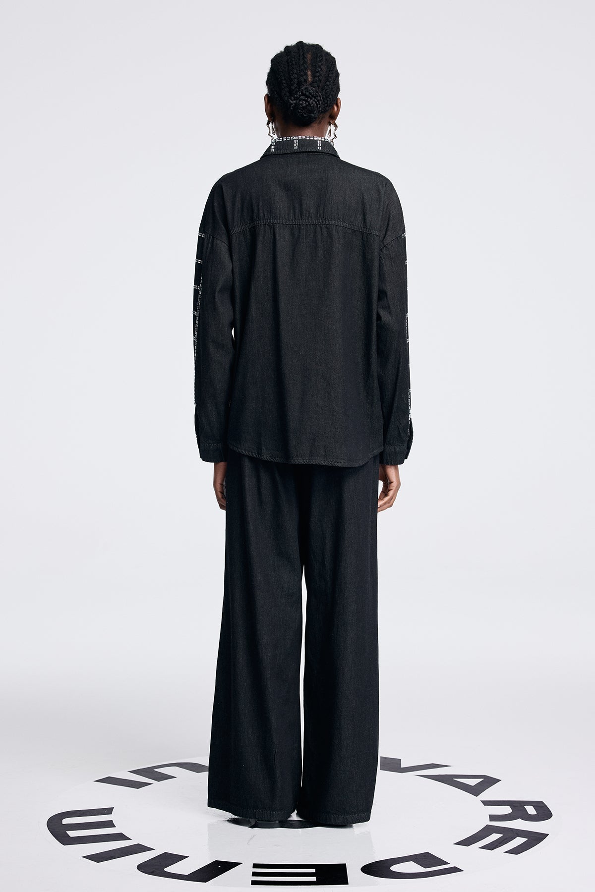 Aodh Rhinestone Grid Denim Shirt Pants Set in Black