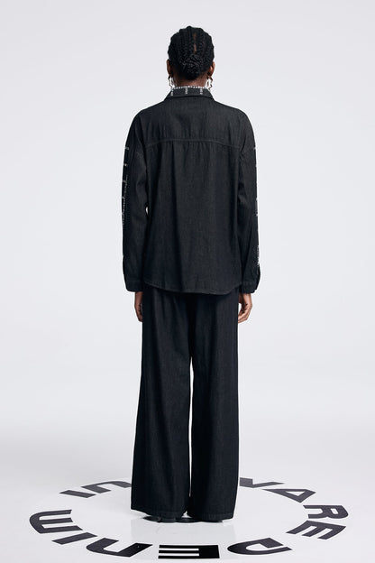 Aodh Rhinestone Grid Denim Shirt Pants Set in Black