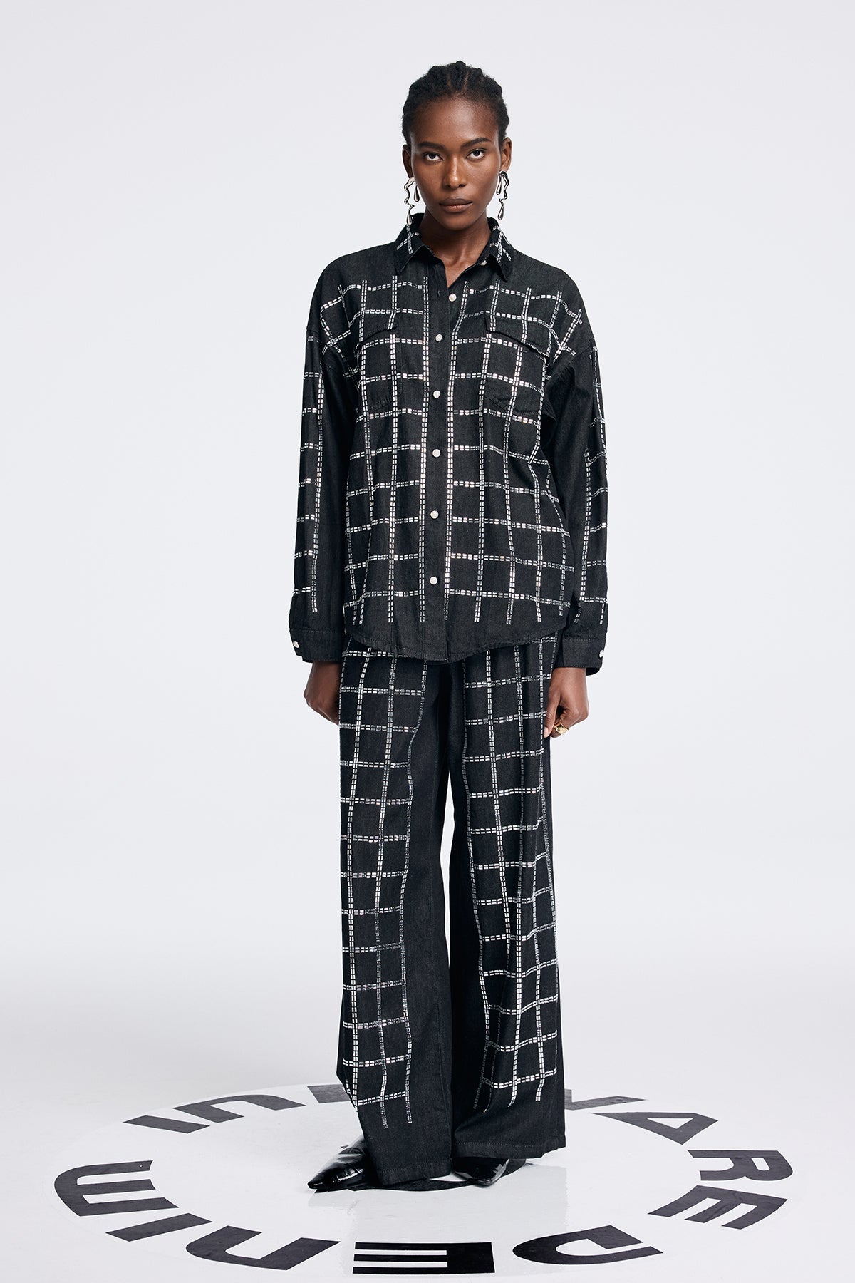 Aodh Rhinestone Grid Denim Shirt Pants Set in Black