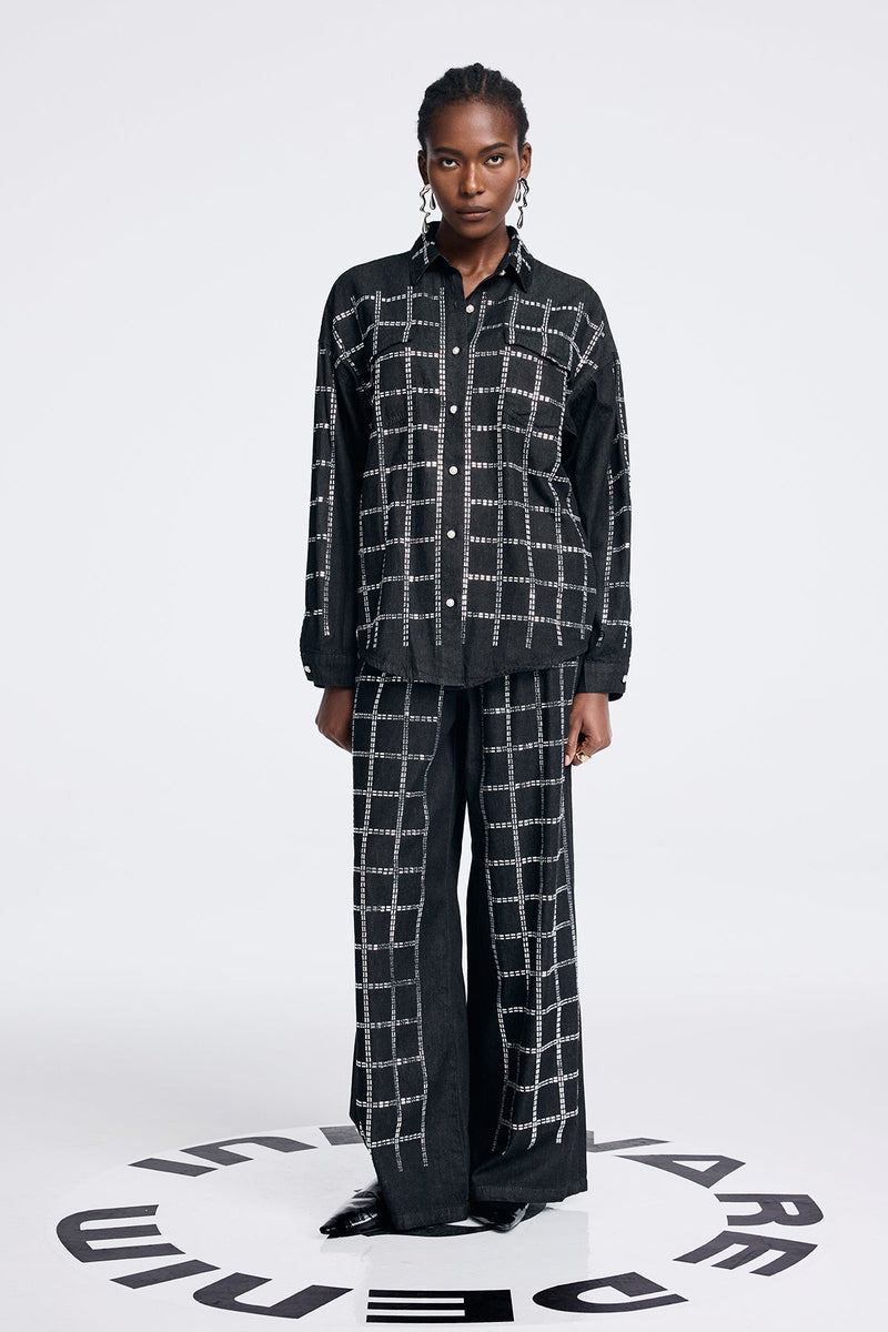 Aodh Rhinestone Grid Denim Shirt Pants Set in Black