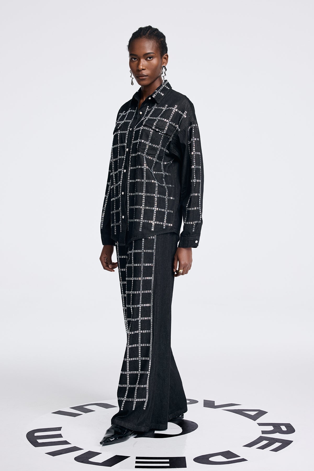 Aodh Rhinestone Grid Denim Shirt Pants Set in Black