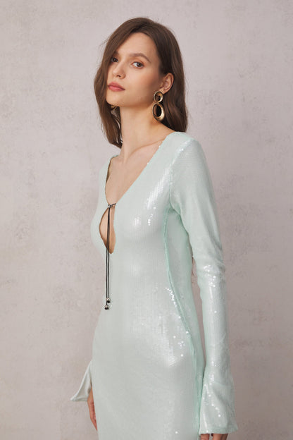 Aoibhe Long Sleeve Sequin Backless Midi Dress in Teal