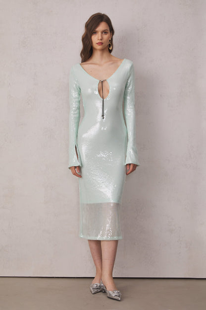 Aoibhe Long Sleeve Sequin Backless Midi Dress in Teal