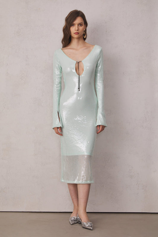 Aoibhe Long Sleeve Sequin Backless Midi Dress in Teal