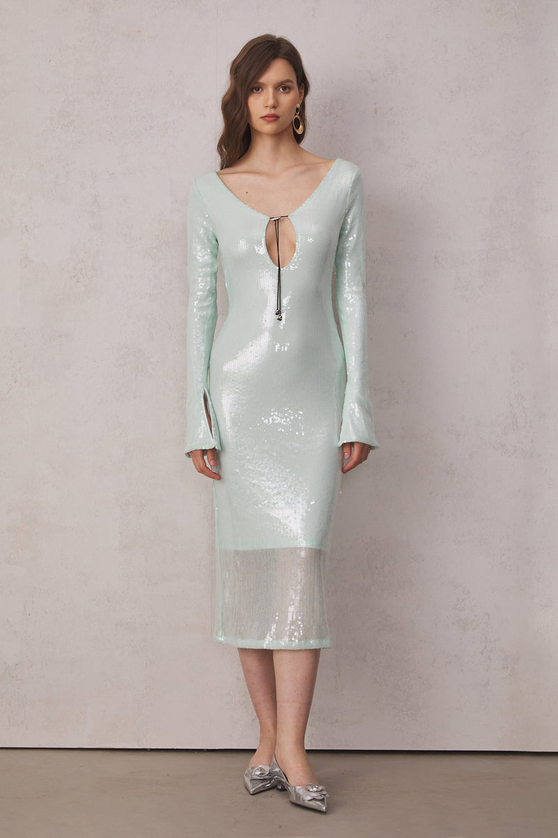 Aoibhe Long Sleeve Sequin Backless Midi Dress in Teal