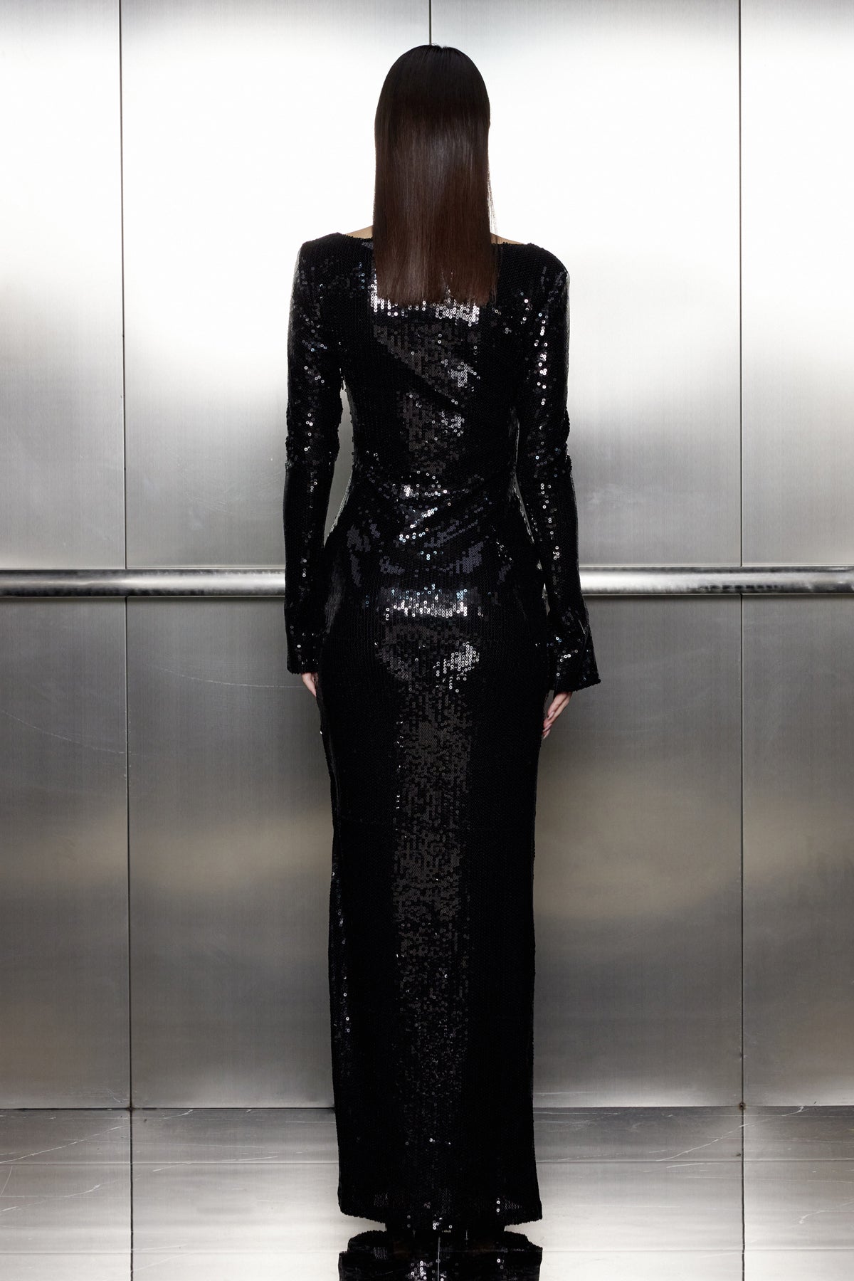 Aoibhe Sequin Long Sleeve Maxi Dress in Black