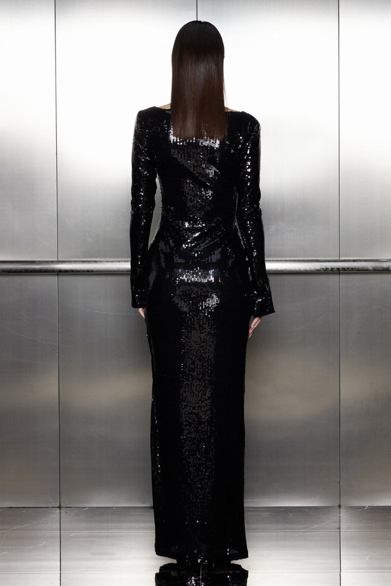 Aoibhe Sequin Long Sleeve Maxi Dress in Black