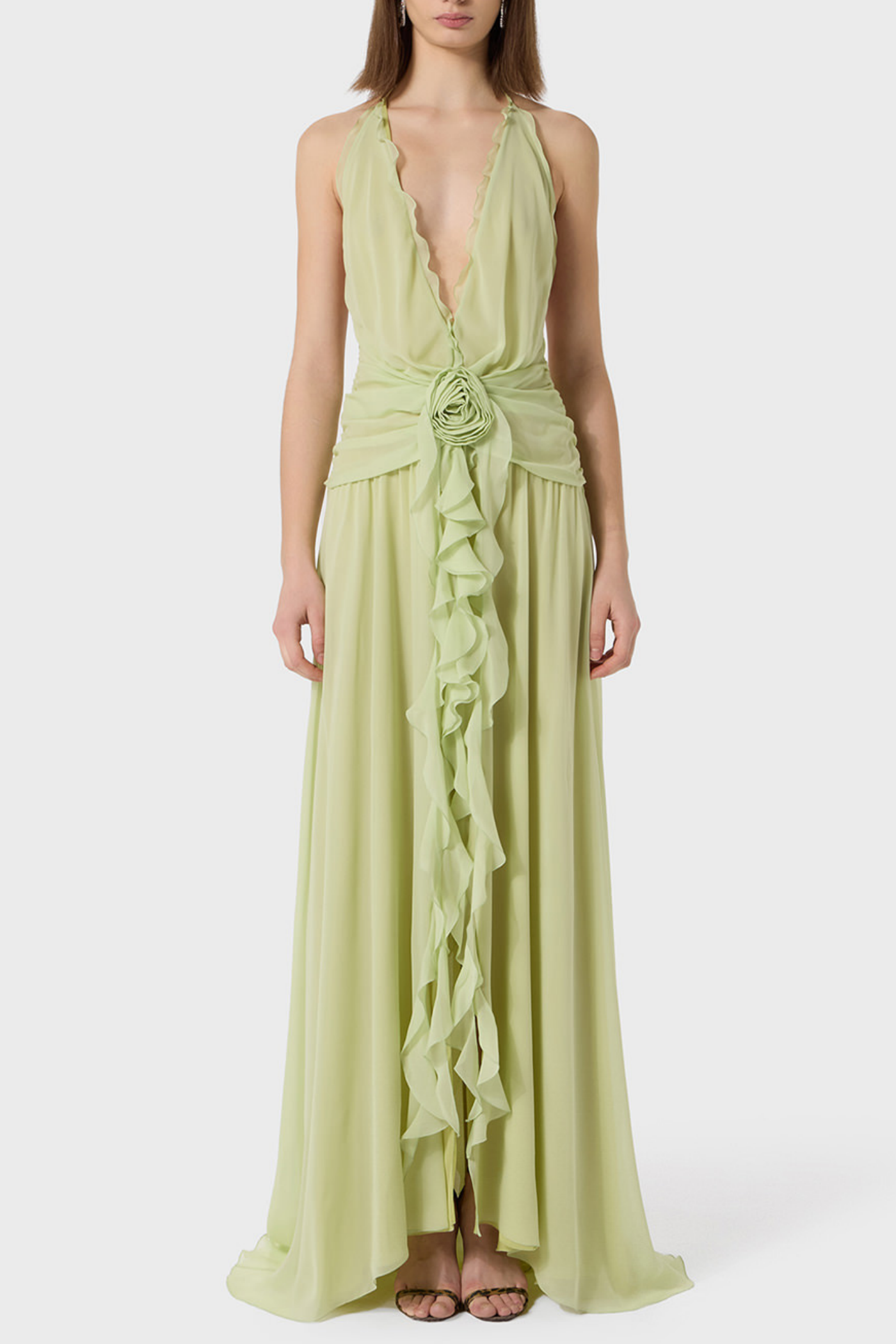 Aonaver Ruffle Halter Maxi Dress - Green