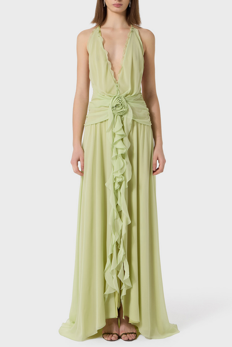 Aonaver Ruffle Halter Maxi Dress - Green