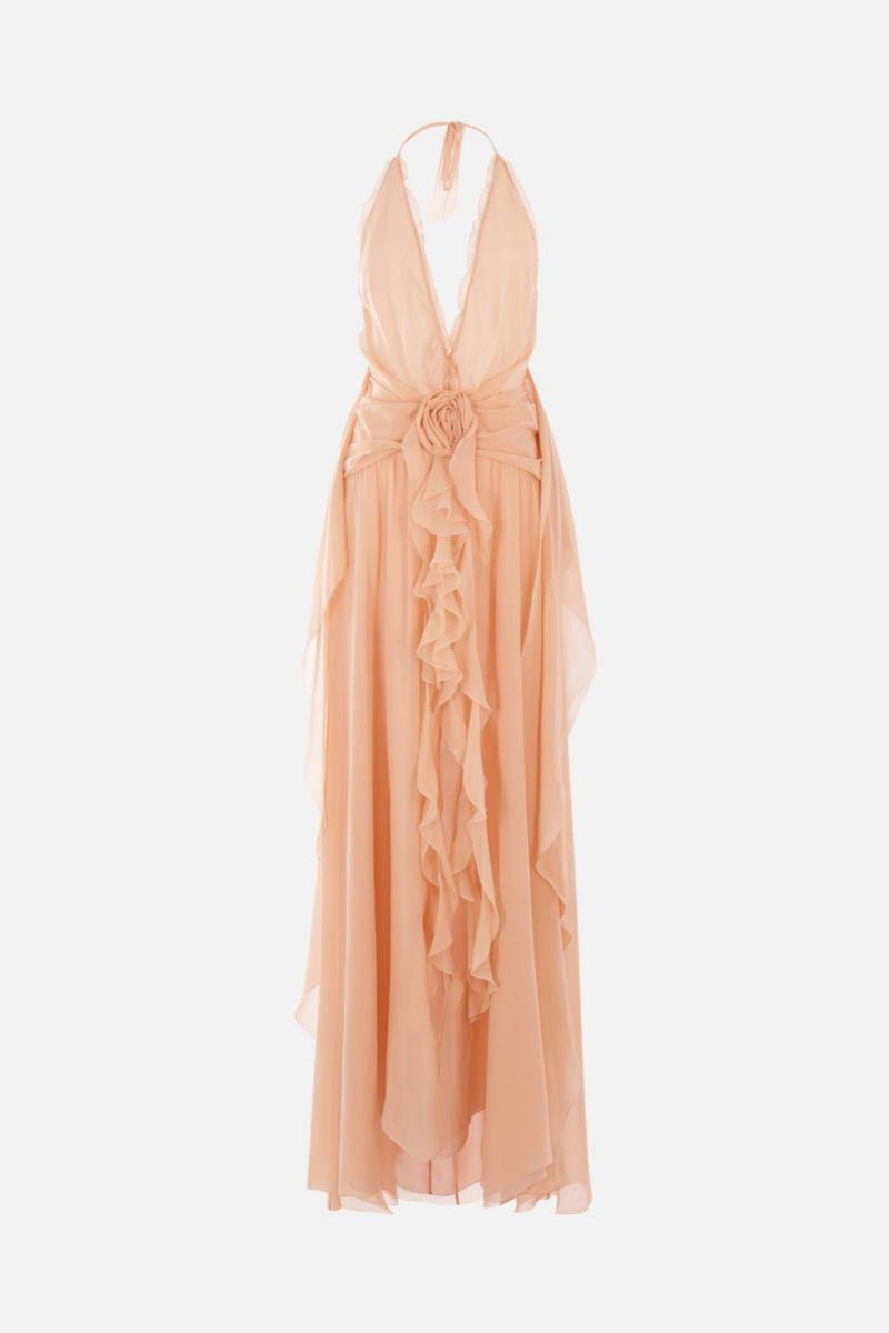 Aonaver Ruffle Halter Maxi Dress - Pink