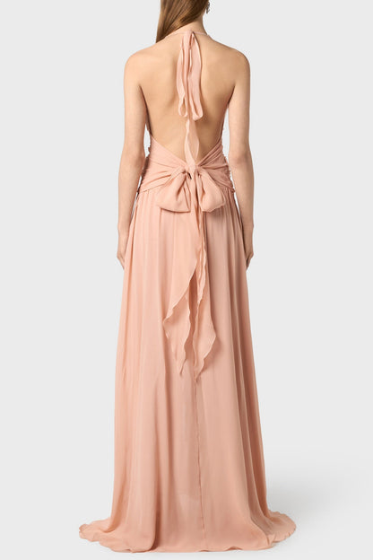Aonaver Ruffle Halter Maxi Dress - Pink
