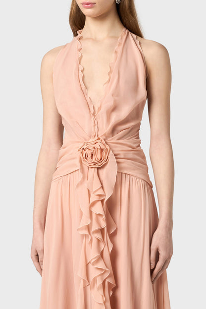 Aonaver Ruffle Halter Maxi Dress - Pink