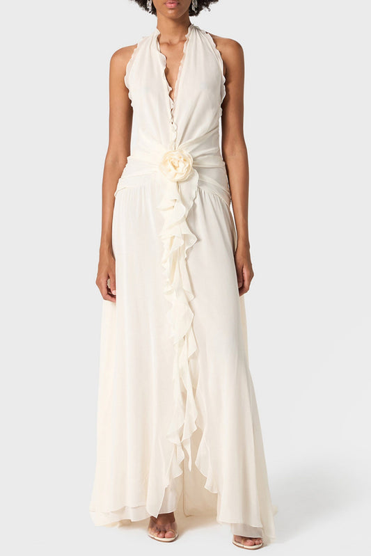 Aonaver Ruffle Halter Maxi Dress - White