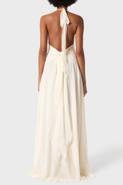 Aonaver Ruffle Halter Maxi Dress - White