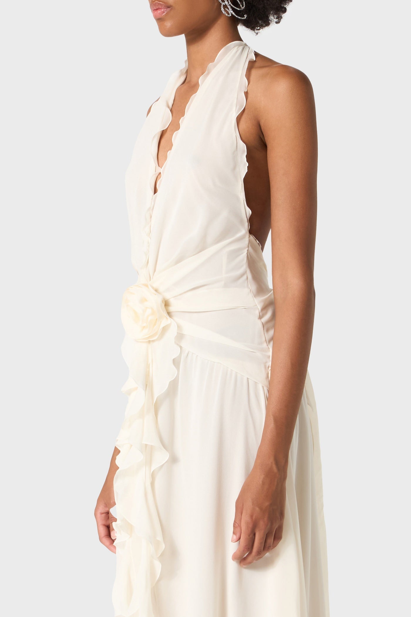Aonaver Ruffle Halter Maxi Dress - White