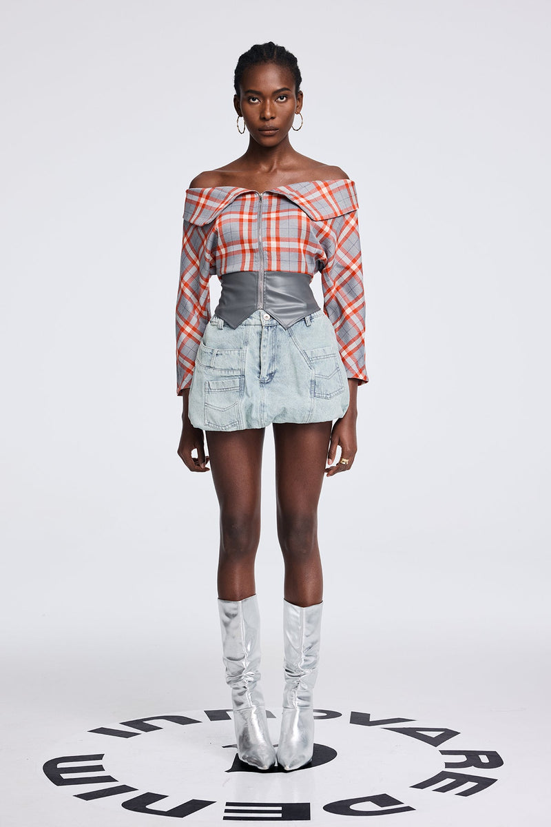 Apichu Asymmetric Pocket Short Denim Skirt