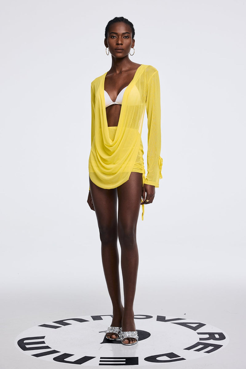 Apolline Cowl Neck Ruch Mesh Mini Dress
