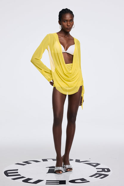 Apolline Cowl Neck Ruch Mesh Mini Dress