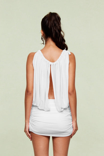 Apphia Mesh Plunge Ruch Backless Mini Dress in White
