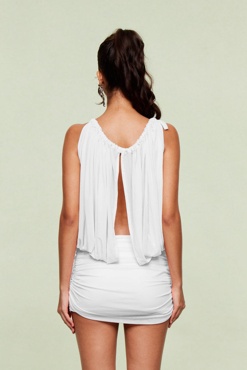 Apphia Mesh Plunge Ruch Backless Mini Dress in White