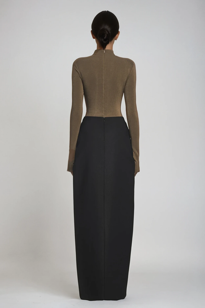 Apria Bodycon Deconstruct Ruch Maxi Dress in Brown